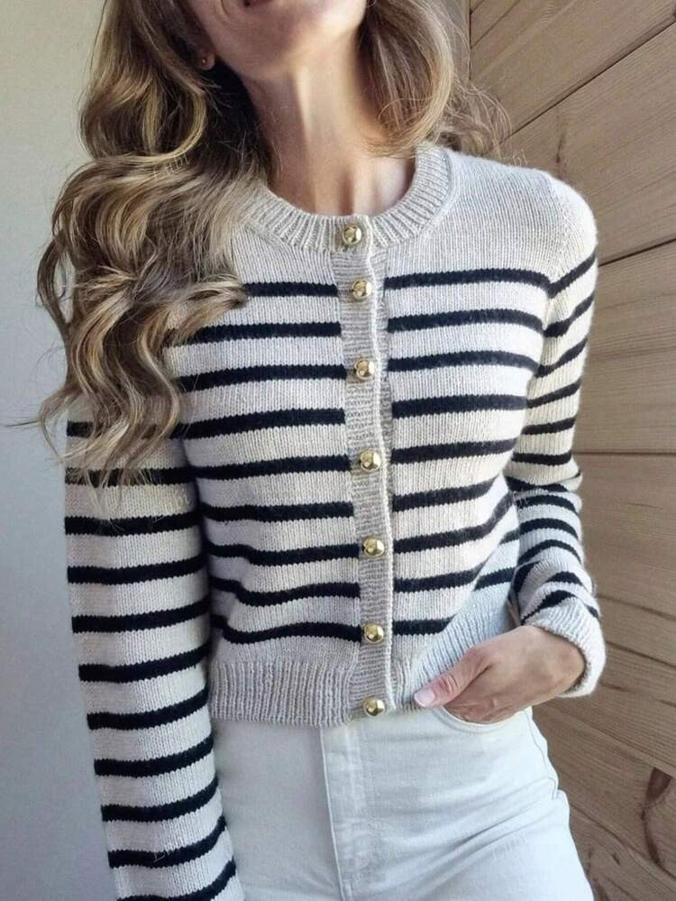 Women's Simple Elegant Commuter Round Neck Color-Block Stripe Button Long Sleeve Knitted Cardigan,Long Sleeve Tops | SHEIN
