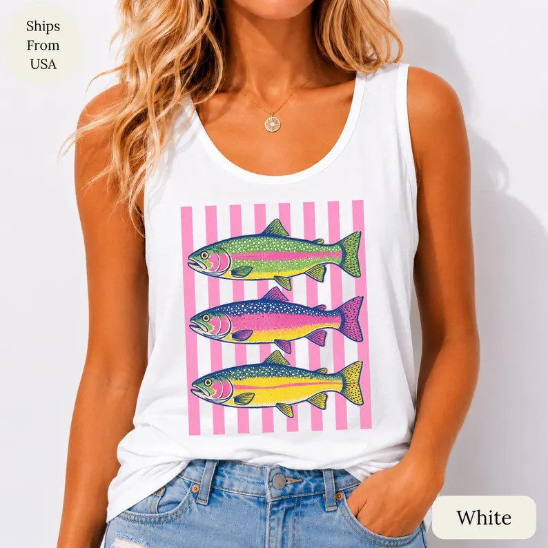 Trout Fish Tank Top, Retro Fishing Shirt, Rainbow Trout Graphic Tee, Fish Lover Gift, Preppy Pink... | Etsy (Global)