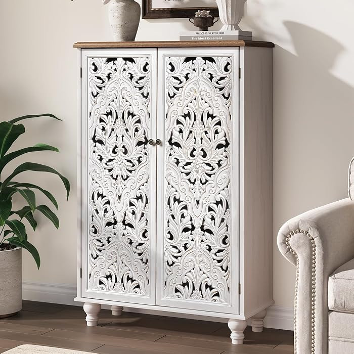 JOINICE 47" Tall Accent Cabinet with Carved Doors, Distressed White Wood Storage Cabinet with 3-T... | Amazon (US)