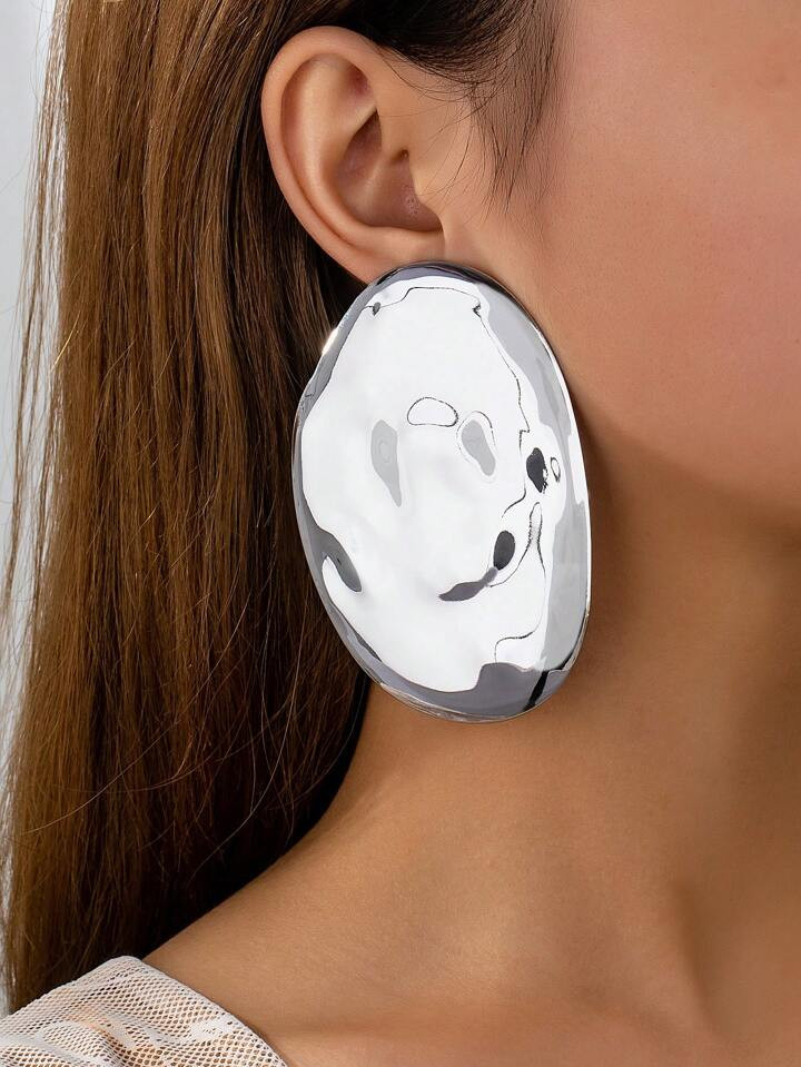 1 Pair Silver Color Minimalist Oval Statement Earring For Women | SHEIN