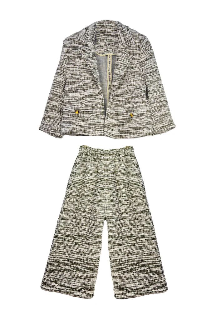 Boxy Blazer + Wide Leg Pant Set - Olive Tweed Knit | Shop BURU