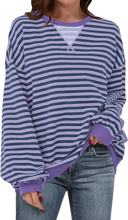 ANRABESS Women Striped Oversized Sweatshirt Crewneck Long Sleeve Shirts Hoodies 2025 Summer Fashi... | Amazon (US)