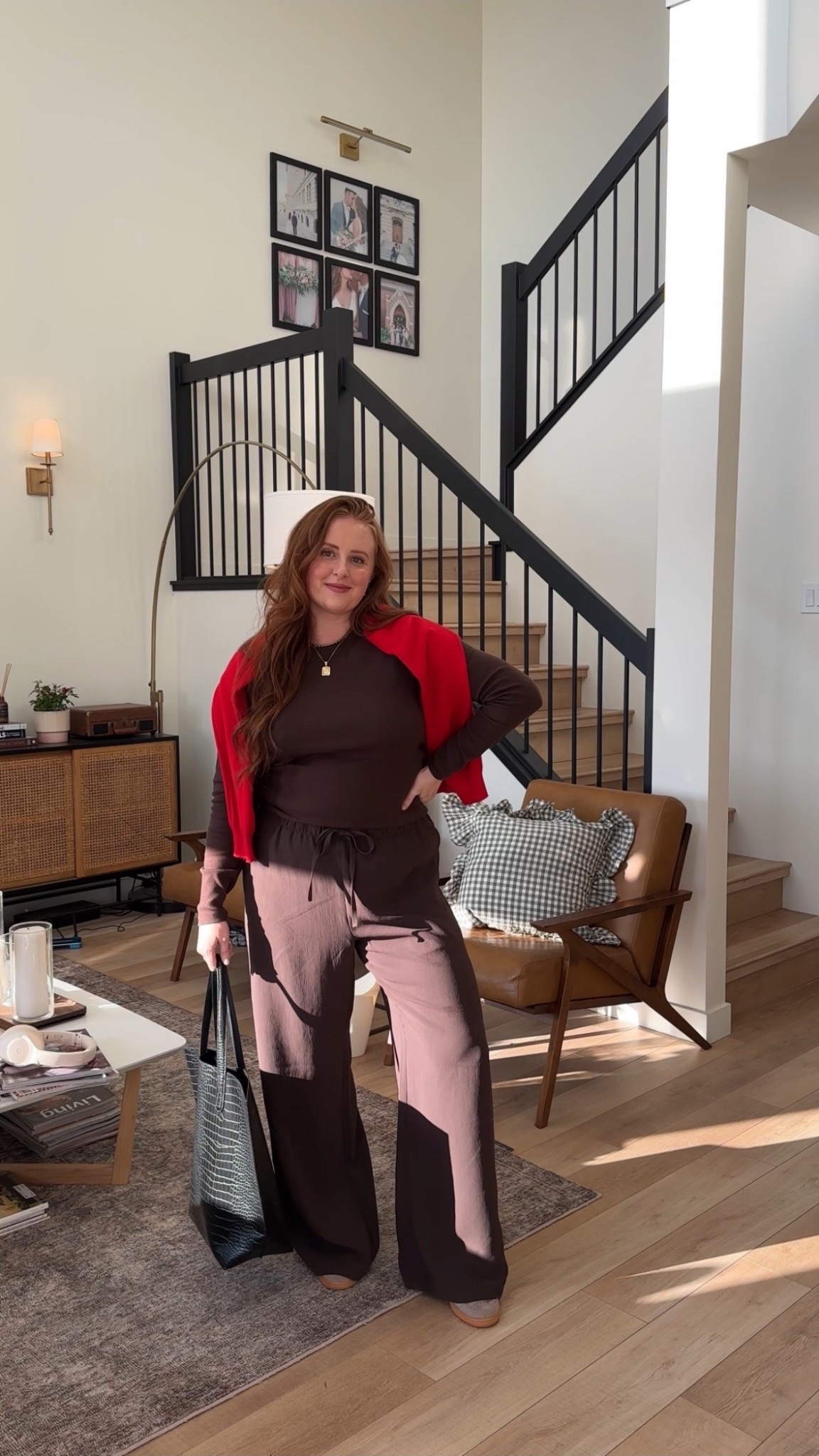 Today’s work-from-home outfit: monochrome browns with a little red draped over the shoulders.

I’m in the Lodge Pants + Homestretch Rib Crew Long Sleeve (both in Rich Mocha Brown, both size L — the long sleeve runs flexible depending on fit preference). My red cardigan + black tote are older pieces, so I’ll link updated versions. Finished with my favourite Adidas Spezials in that soft brown/rose combo I’m obsessed with.

Effortless, comfy, and still feels styled — my go-to everyday fall uniform 🤎

monochrome outfit ideas, brown Aritzia outfit, fall wardrobe staples, comfy WFH style, Adidas Spezial outfit, minimal casual outfit, elevated basics, Canadian style picks



#LTKmidsize #LTKcanada #LTKwinter