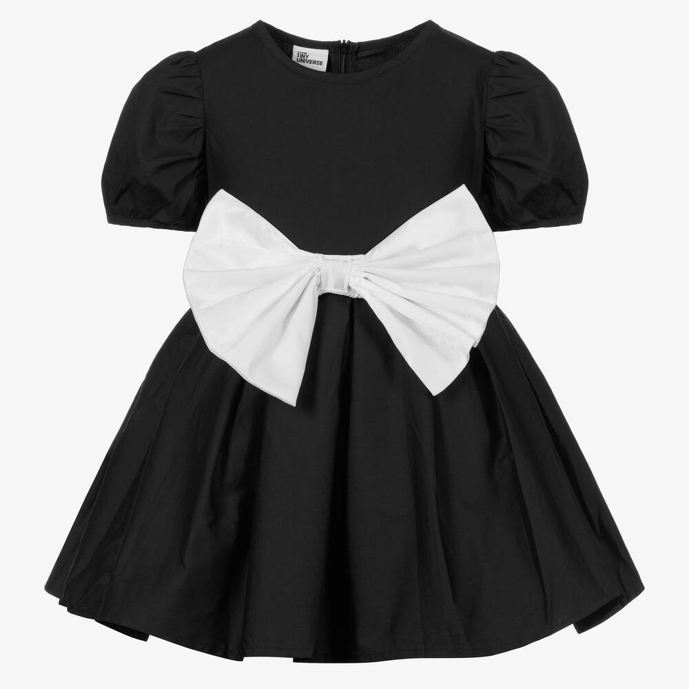 Girls Black Cotton & White Bow Dress | Childrensalon