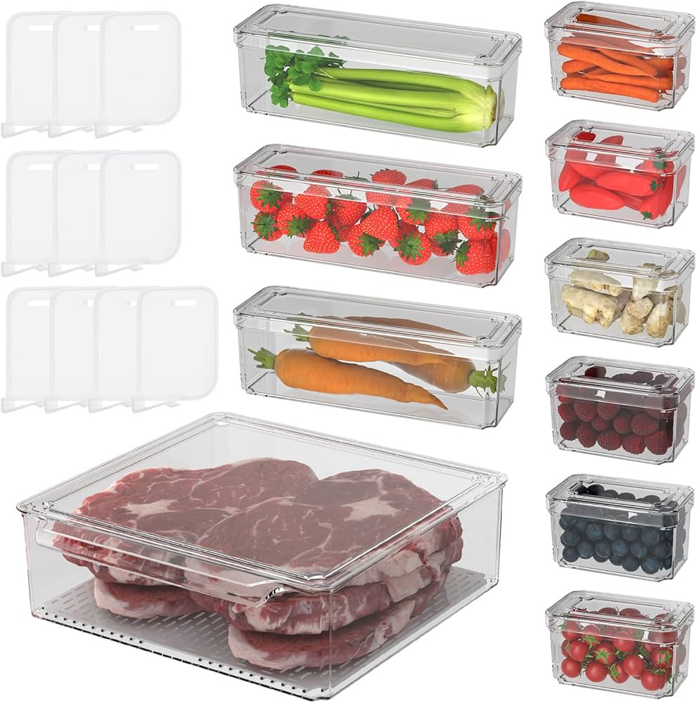10 Pack Refrigerator Organizer Bins - 3 Size Stackable Fridge Clear Storage Bins with Lids for Ve... | Amazon (US)