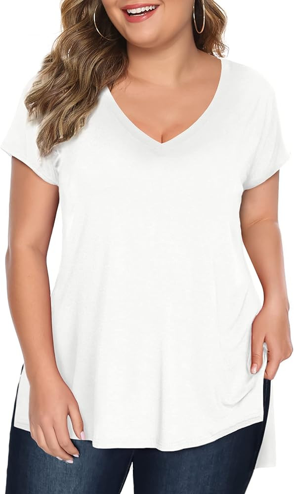 Florboom Women Plus Size Tops Long/Short Sleeve V Neck T Shirts Casual Loose Fit Basic Tee Tshirt | Amazon (US)