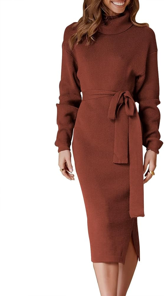 ANRABESS Women's Turtleneck Long Batwing Sleeve Chunky Knit Slit Slim Bodycon Tie Waist Pullover ... | Amazon (US)