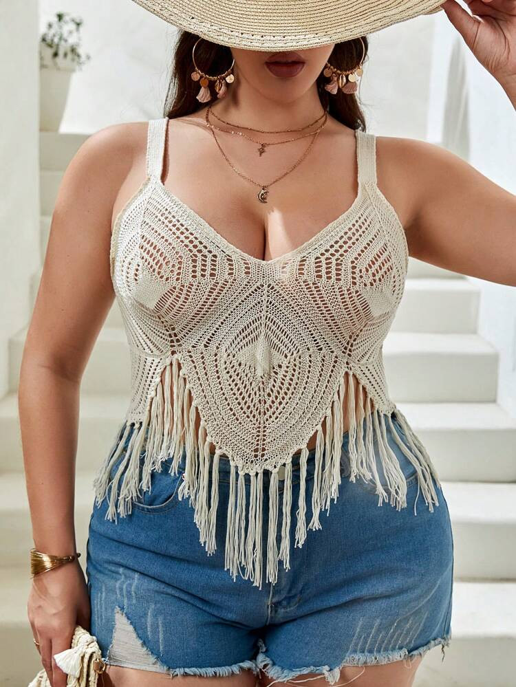 SHEIN VCAY Plus Fringe Hem Pointelle Knit Top | SHEIN