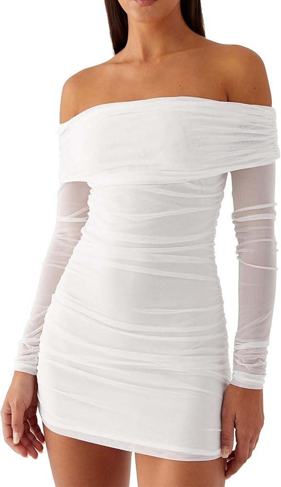 Mokoru Women's Sexy Elegant Off The Shoulder Mesh Long Sleeve Ruched Bodycon Cocktail Party Mini ... | Amazon (US)