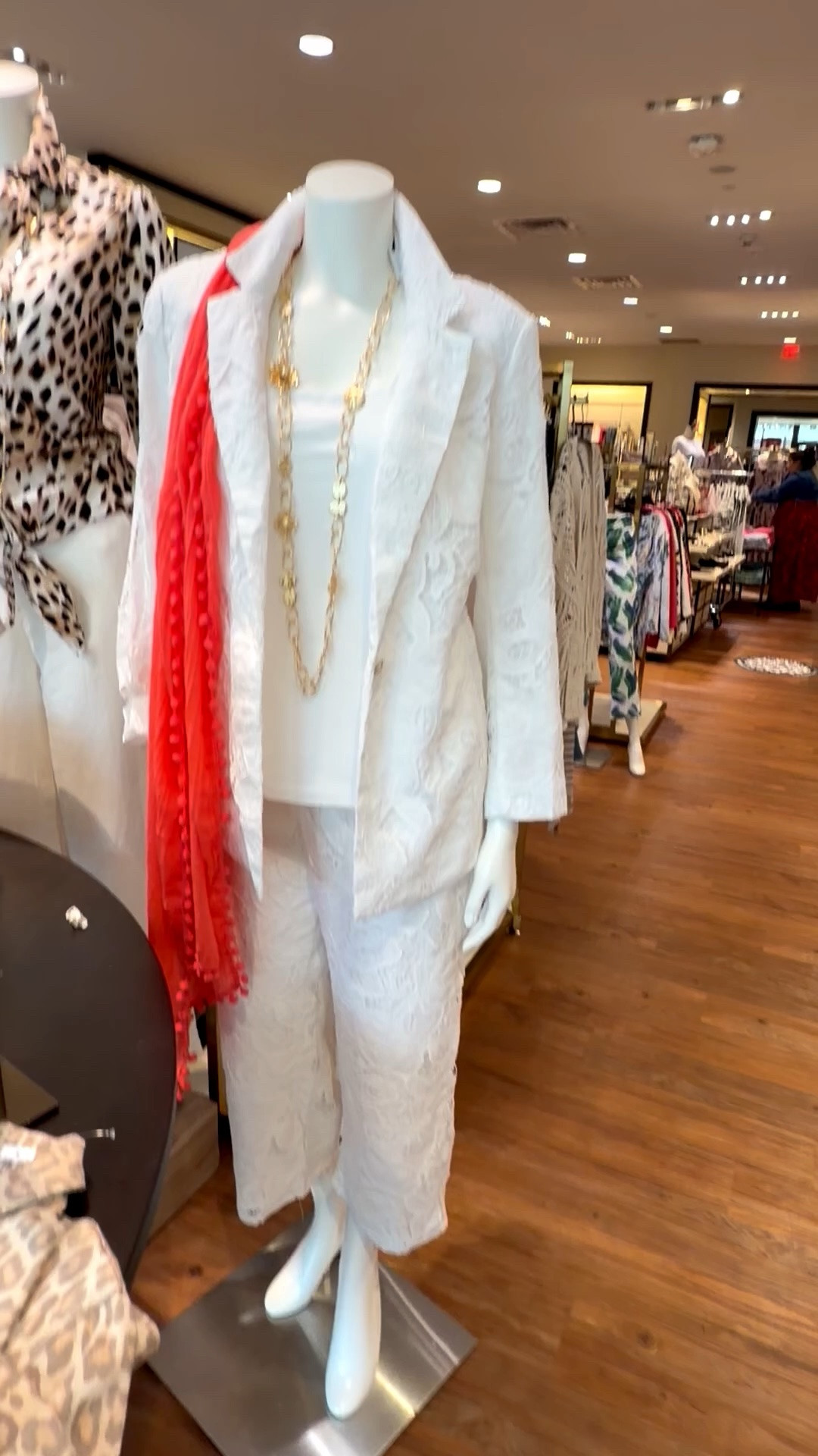 Floral lace brings the foundation for these eye-catching, meticulously crafted cropped pants and classic blazer. We know you will love these elevated bottoms.  Featuring a smoothing slimming and ultra-flattering encased elastic waistband with shirring on the back.
Another classic investment you can restyle over and over. 
On major sale. Pop it with this Pom Pom coral scarf. Gold necklace is a great addition to a wardrobe building collection. 
I am 5’7” 132 lbs and I wear a size 0 in Chico’s unique sizing.

#LTKOver40 #LTKWedding #LTKSaleAlert