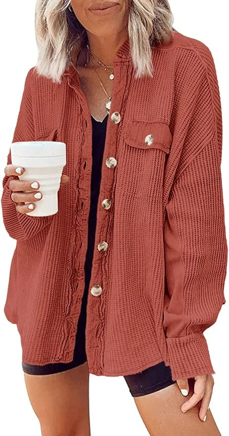 Yanekop Womens Waffle Knit Shacket Boyfriend Shirt Jacket Button Down Blouse Loose Fit Long Sleev... | Amazon (US)