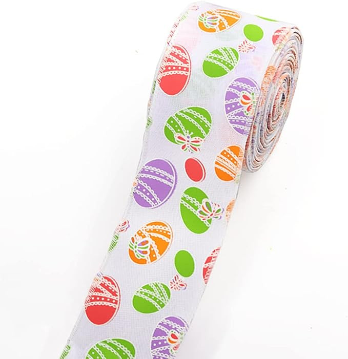 Easter Fabric Ribbons 10 Yards, Easter Egg Pattern White Background Printed Burlap Edge Wired Rib... | Amazon (US)