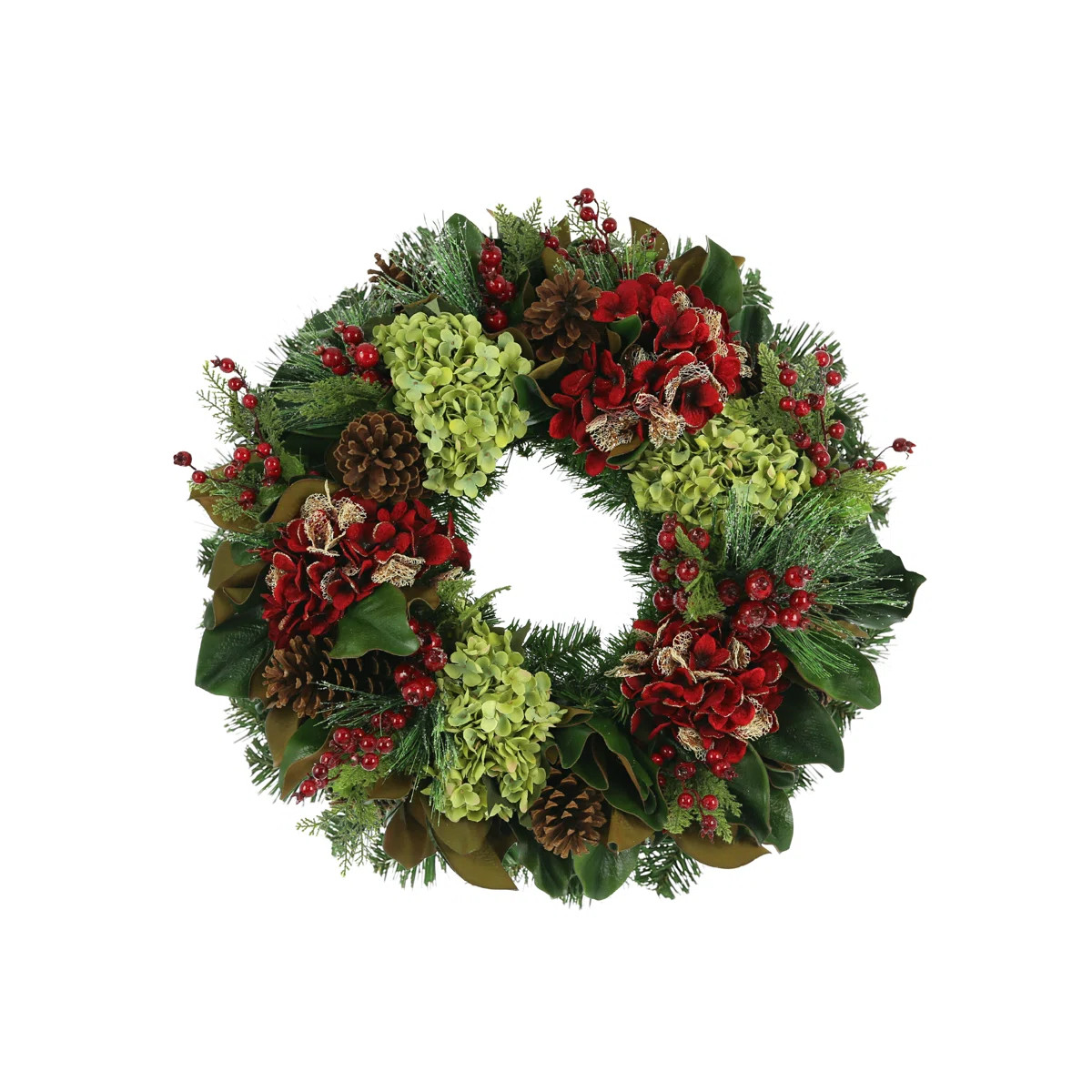 Joannette Green and Red Hydrangea, Berries, Magnolia Leaves on an Evergreen Wreath | Wayfair North America