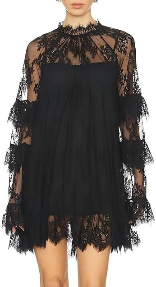Amiblvowa Sheer Floral Lace Cape Dress Women Ruffle Hem Sexy See Through Short Dress Y2K Going Ou... | Amazon (US)