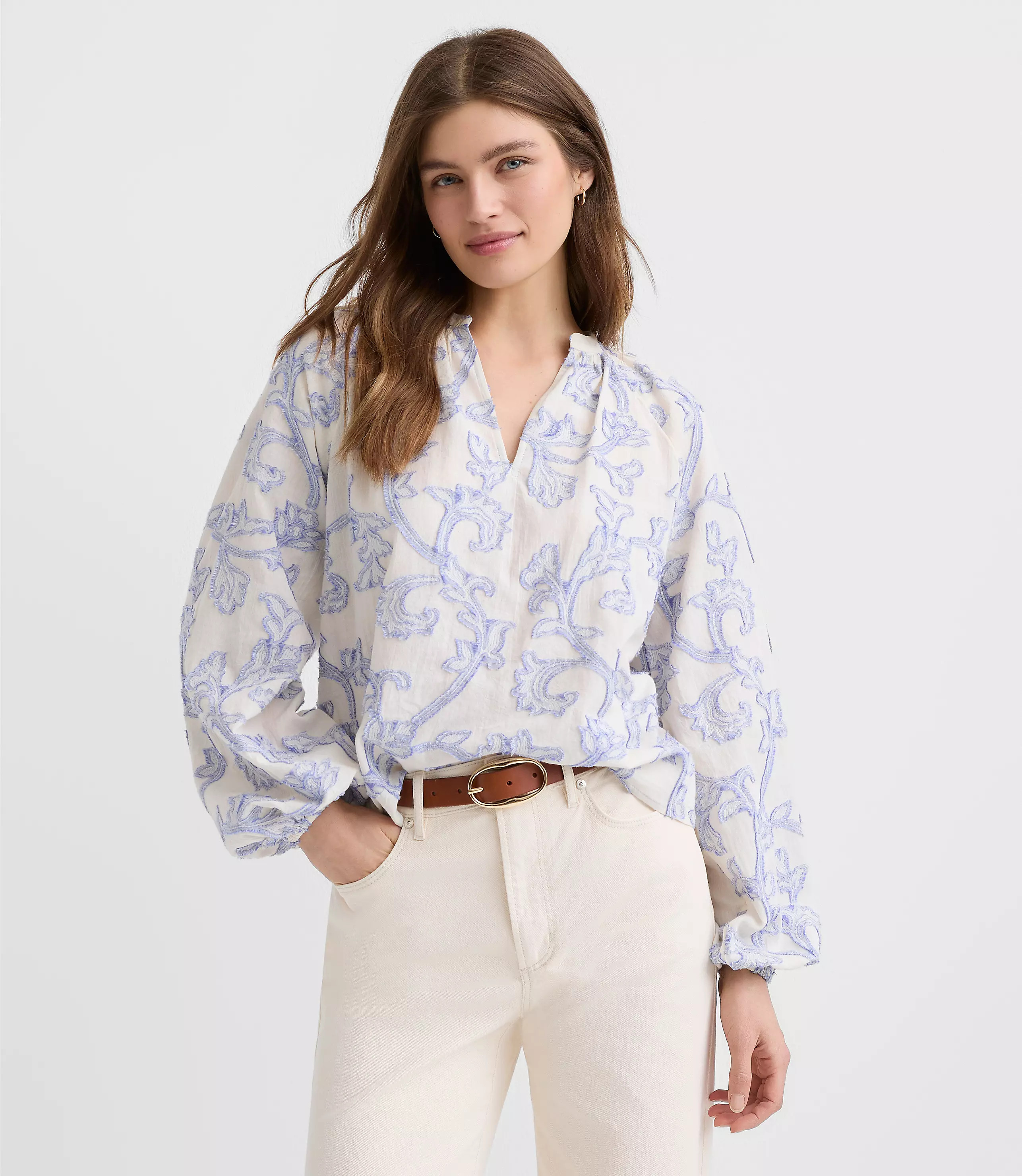 Paisley Jacquard Split Neck Blouse | LOFT