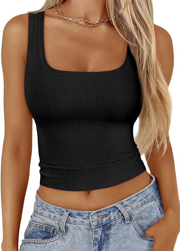 Trendy Queen Womens Square Neck Ribbed Tank Tops Sleeveless Crop Tops Summer Clothes | Amazon (US)