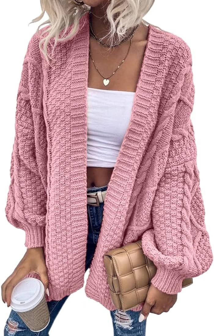 Womens Oversized Cardigan Sweaters Open Front Cable Knit Lantern Long Sleeve Chunky Outwear Coats | Amazon (US)