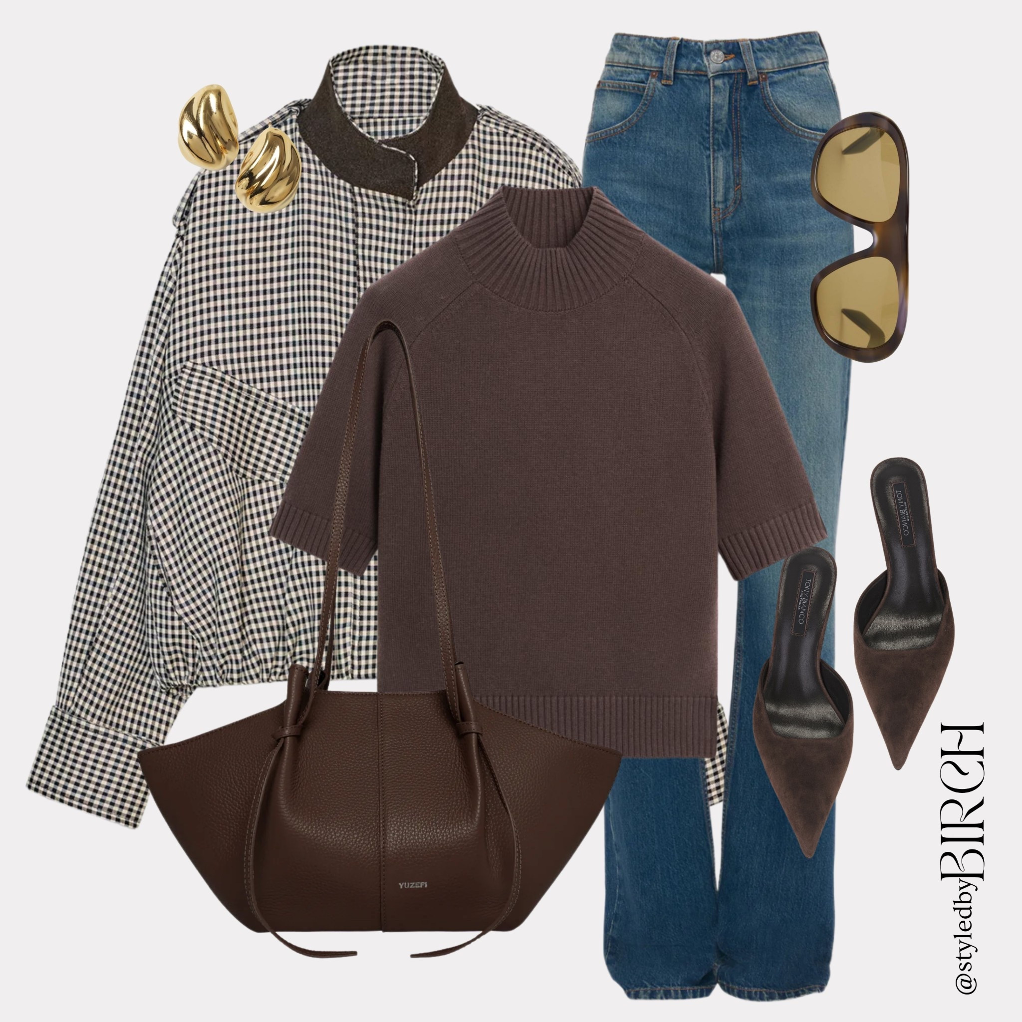 Chocolate tones 🤝 classic denim = a combination that never fails. Would you wear this for brunch or office? 🤎✨

Tags 🏷️
Brown short sleeve knit jumper, blue wide leg jeans, gingham jacket, brown suede pointed mules, oversized brown leather tote, gold statement earrings and tortoiseshell sunglasses

#LTKFashionMonth #LTKjeans #LTKeurope