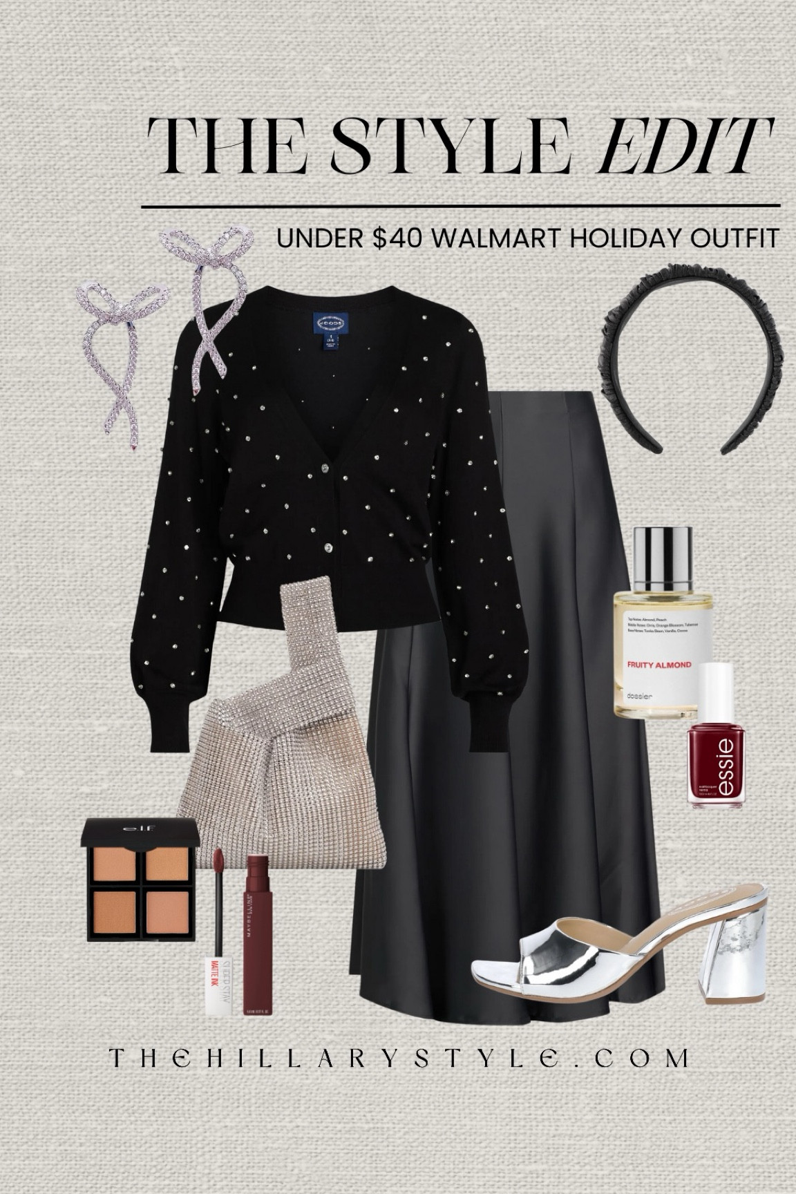 The Style Edit: Holiday Outfit from Walmart all under $40
Embellished cardigan, maxi skirt, black satin skirt, silver heels, sequin handbag, bow earrings, ruched headband, Dossier fragrance, Essie nail polish, lip color, bronzer pallet. Party outfit, holiday outfit, Christmas outfit, NYE outfit.

#LTKParties #LTKSeasonal #LTKHoliday