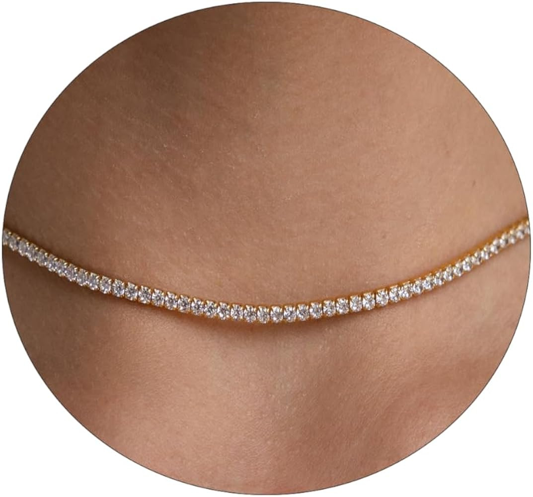 Tennis Necklace 14K Gold/Silver Plated，3mm Width Sparking Rhinestone Chain Necklace Delicate Te... | Amazon (US)
