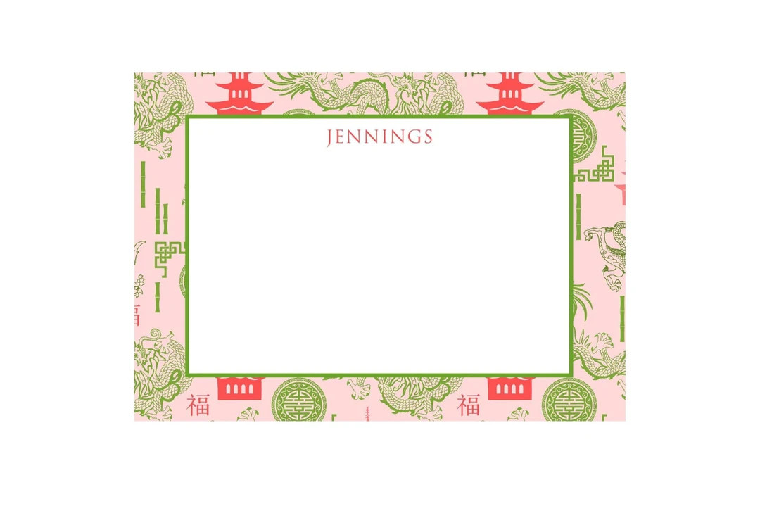 Pagoda Chinoiserie Pattern Notecard, Stationery in PINK and GREEN - Etsy | Etsy (US)