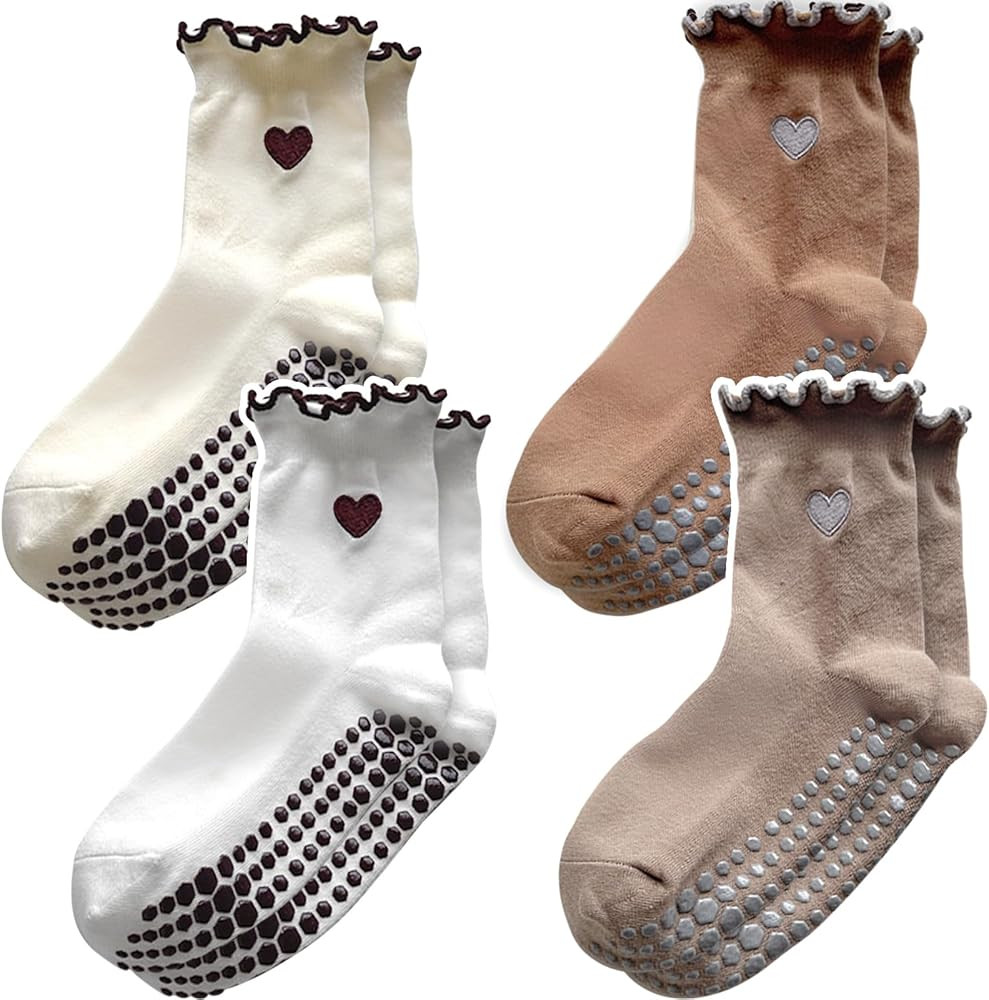 ZFiSt Pilates Socks with Grips for Women,4Pairs Ruffle Yoga Sock Cute Cotton Grippy Socks for Bar... | Amazon (US)