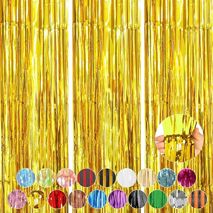 ACCEVO Gold Party Streamers 3Pack Foil Fringe Curtains 3.2ft x 8.2ft Door Streamers Metallic Tins... | Amazon (US)