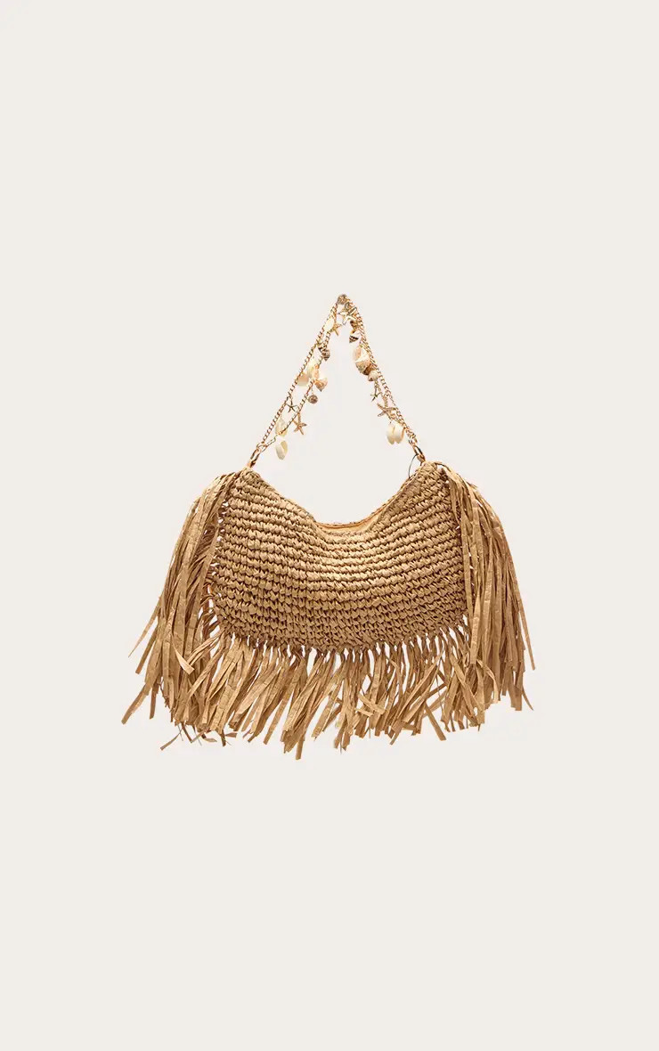 Natural Raffia Fringe Shell Trim Shoulder Bag | PrettyLittleThing | PrettyLittleThing UK