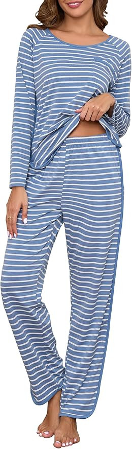 Womens Cotton Pajama Sets Stripe 2 Piece Lounge Set Long Sleeve Comfy Pj Sets Fall Loungewear Sle... | Amazon (US)