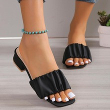 Women Ruched Detail Chunky Heeled Sandals, Fashion Black Mule Sandals | SHEIN