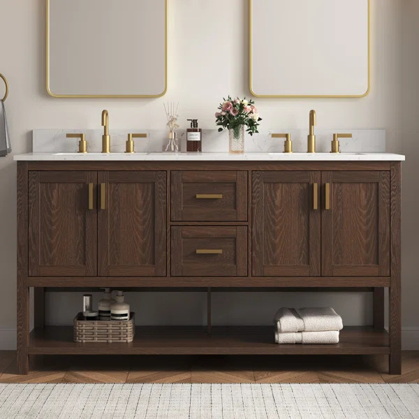 Freestanding Walnut Bathroom Vanity With Double Sinks & Engineered Stone Top | Wayfair North America