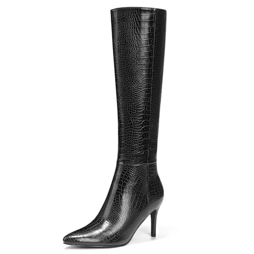ALICEPUB Black Knee High Boots for Women Faux Crocodile Leather Boots Pointed Toe Tall Boots Long Heeled Boots with Side Zipper Sexy Kitten Stiletto Heels, Size 7.5 | Amazon (US)
