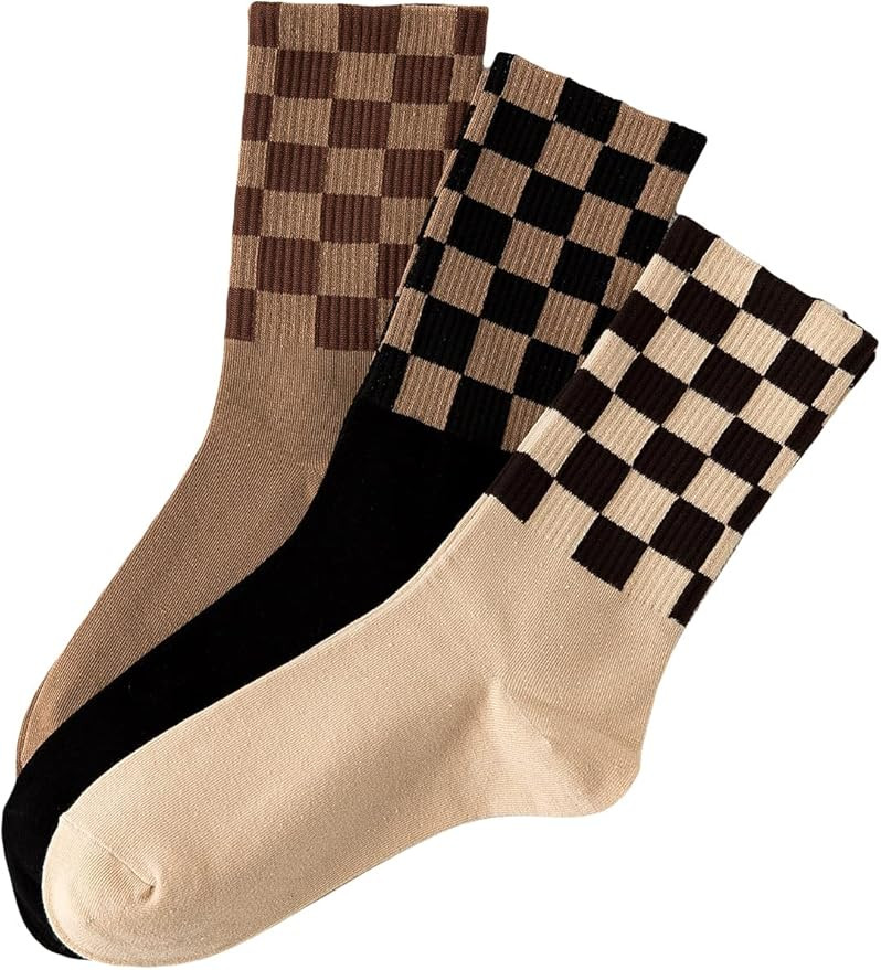 OYOANGLE Women's 3 Pair Pack Fun Plaid Pattern Funny Novelty Crew Socks | Amazon (US)