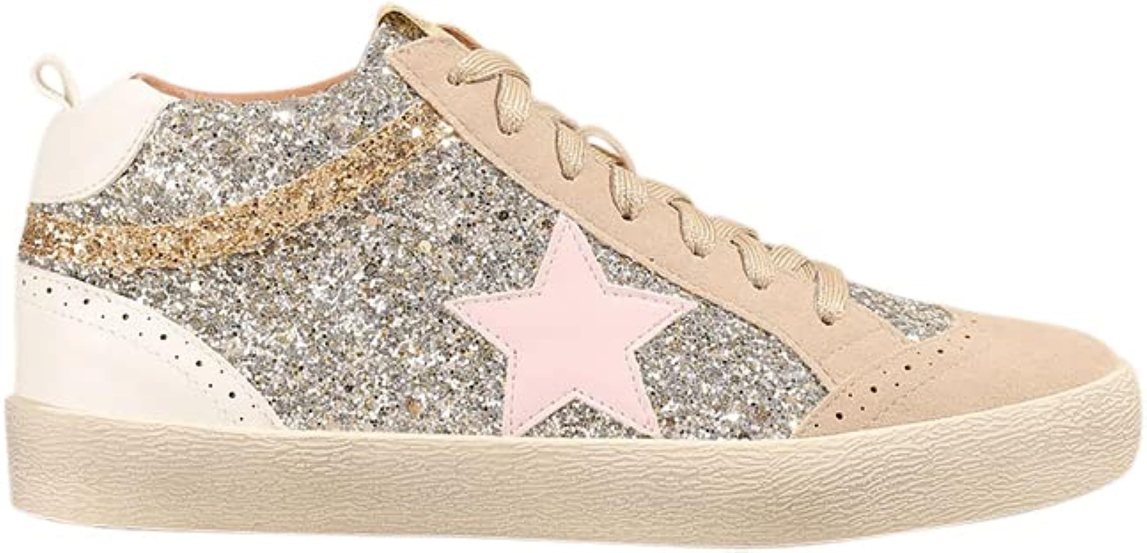 Mi.iM Daisy Rubber Sole Lace-up Glitter Suede Mid Star Sneakers | Amazon (US)