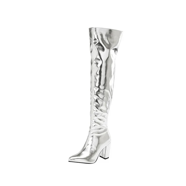 Thigh High Boots for Women Metallic Sparkle Fashion Sexy Chunky Block Heel Over The Knee Boots PU... | Walmart (US)