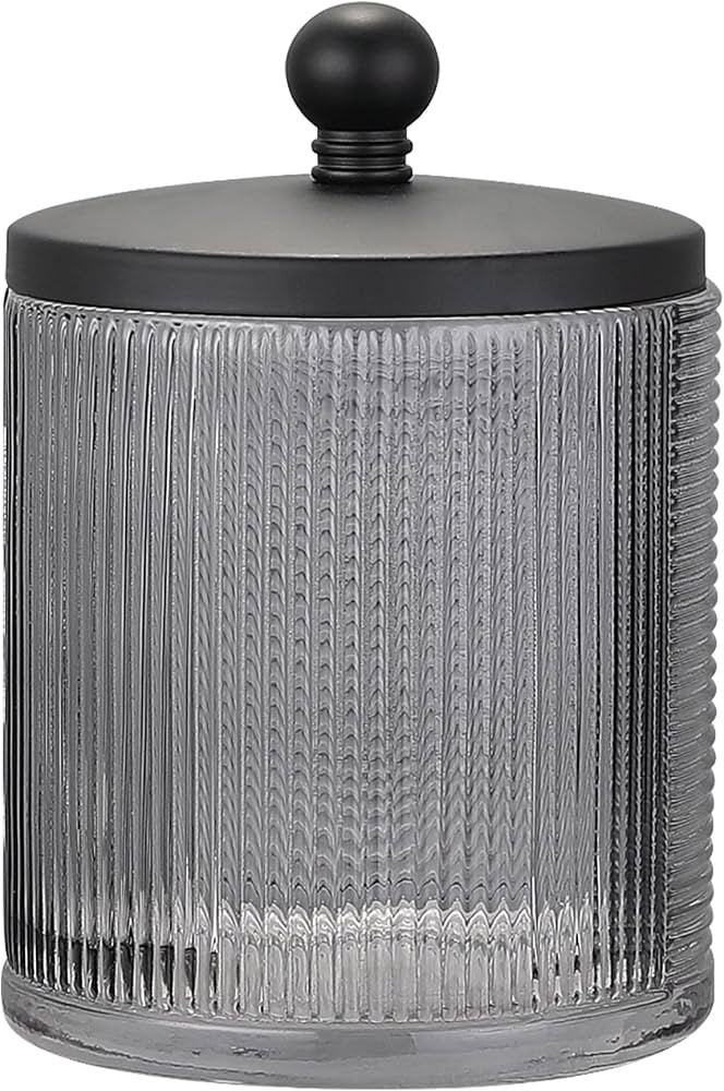 Gray Colored Tranlucent Apothecary Ribbed Geo Etched Glass Jar W/Matte Black Metal Lid Cover for ... | Amazon (US)