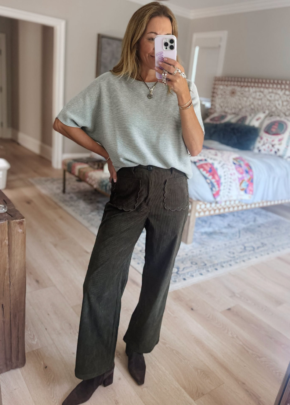 Some days call for pants...not jeans, but pants. So make sure to have a cute pair on hand! Loving the pocket detail and the corduroy. Hello fall!!! 

 #LTKootd #LTKmomlife #LTKmorningroutine