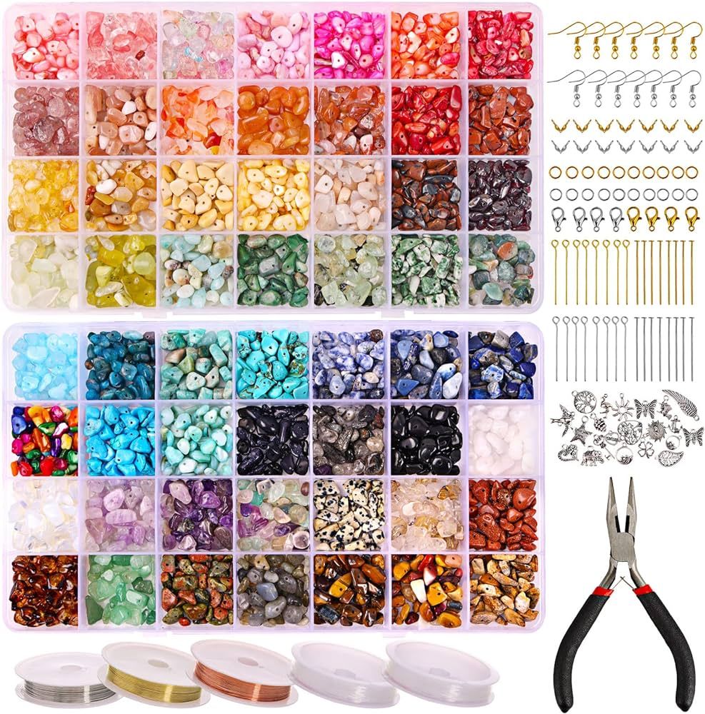 QUEFE 1800pcs 56 Colors Crystal Beads, Ring Making Kit, Gemstone Chip Beads Irregular Natural Sto... | Amazon (US)