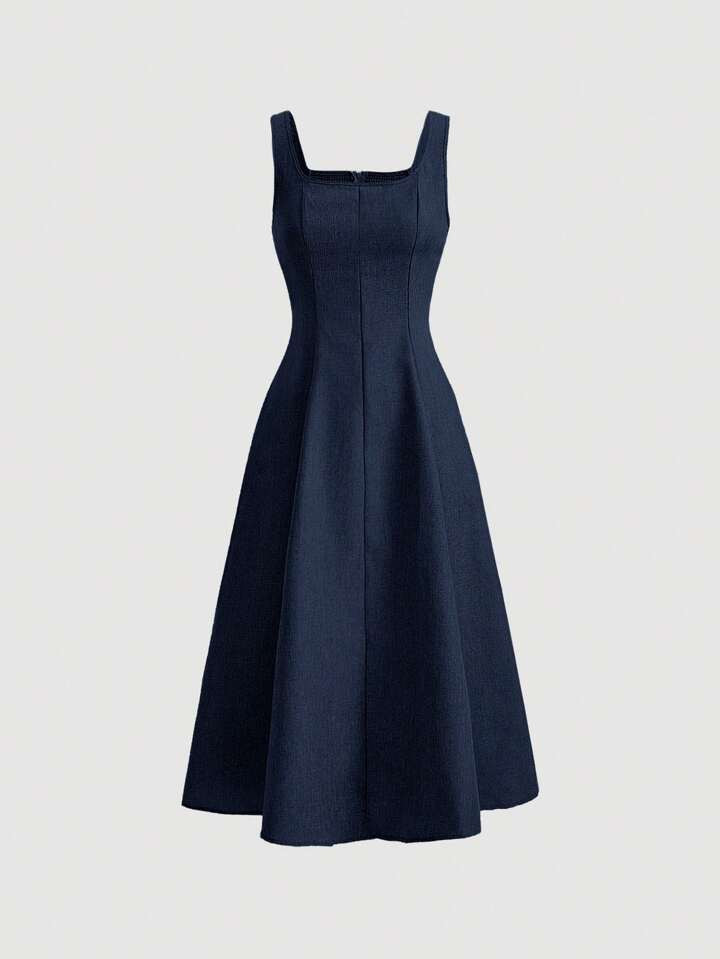 SHEIN MOD Vestido De Suéter De Tricô Com Efeito Denim Finas Secções Sem Costas E Sem Mangas,Vestido Longo Azul Marinho Liso Elegante Com Decote Quadrado E Zíper Sem Mangas Ajuste Regular Para Mulheres, Uso Diário Casual, Vestidos De Verão Roupas De Primavera | SHEIN