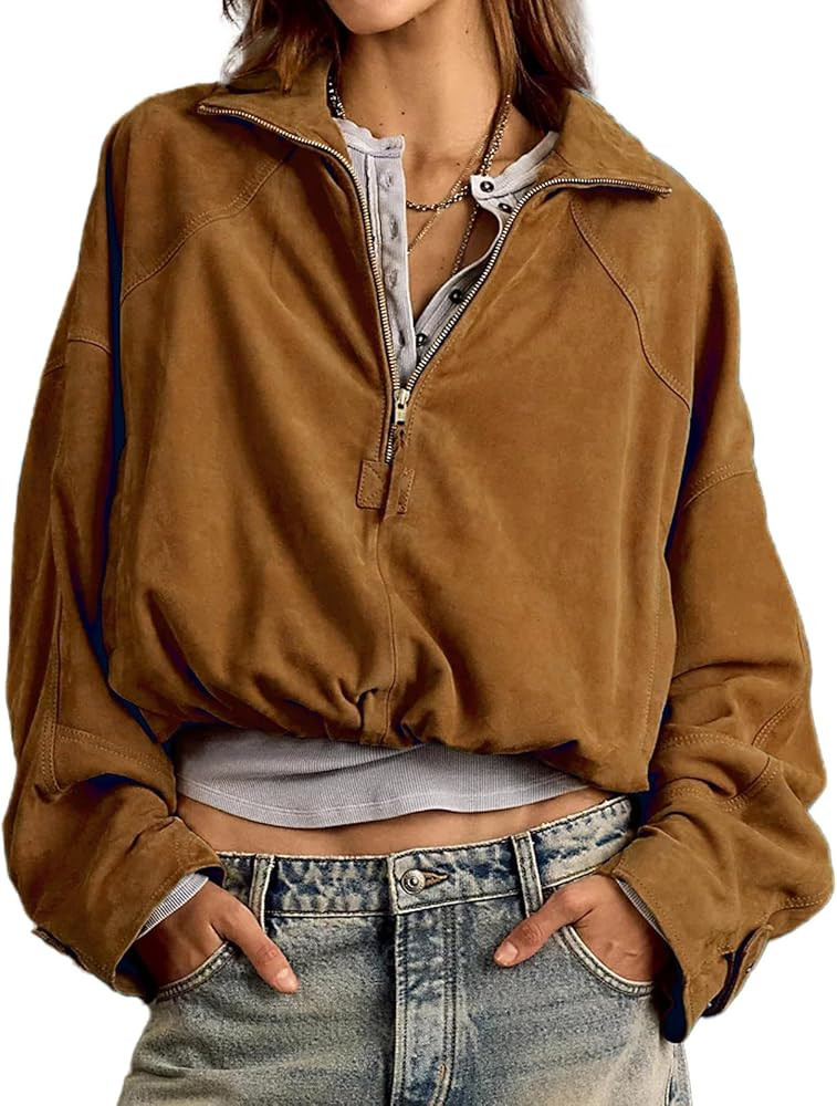 Women's Half Zip Faux Suede Sweatshirt Lightweight Pullover Bomber Jacket Drop Shoulder Tops Outf... | Amazon (US)