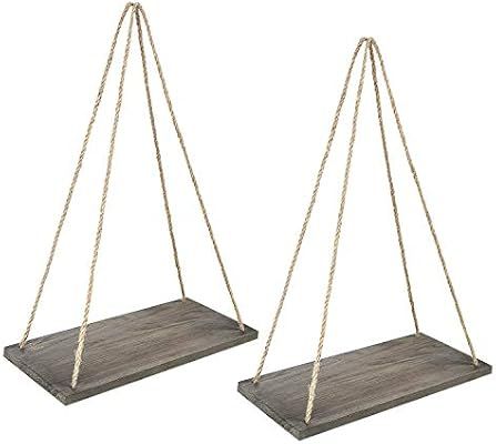 Y&Me Wood Rope Hanging Floating Shelves Set of 2, Rustic Wood Hanging Shelf with 4 Hooks,Wall Han... | Amazon (US)