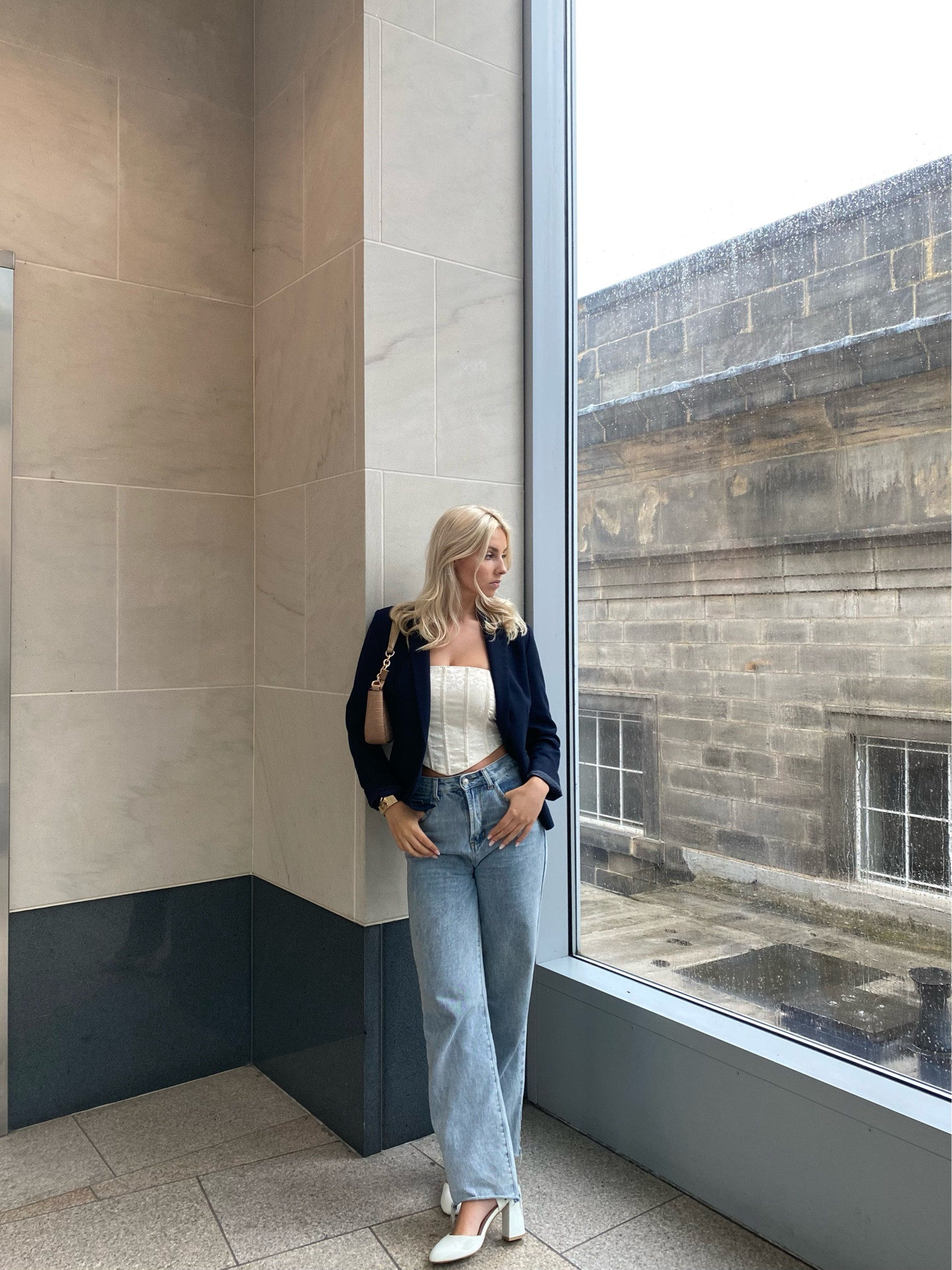 Outfit of elevated classics perfect for lunch with the girls, birthday dinner or a brunch date 🖤 Tailored navy blue blazer (Next), paired with a dainty blush pink corset (Princess Polly), light wash denim high-waisted jeans (Princess Polly) and closed toe white pump heels ☁️ 

#LTKstyletip #LTKshoecrush #LTKeurope