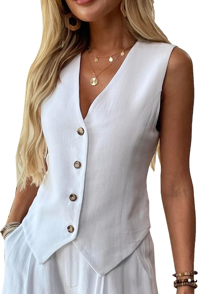 heipeiwa Women's Cotton Linen Vest Button Down Sleeveless V Neck Tank Tops Waistcoat Jacket | Amazon (US)