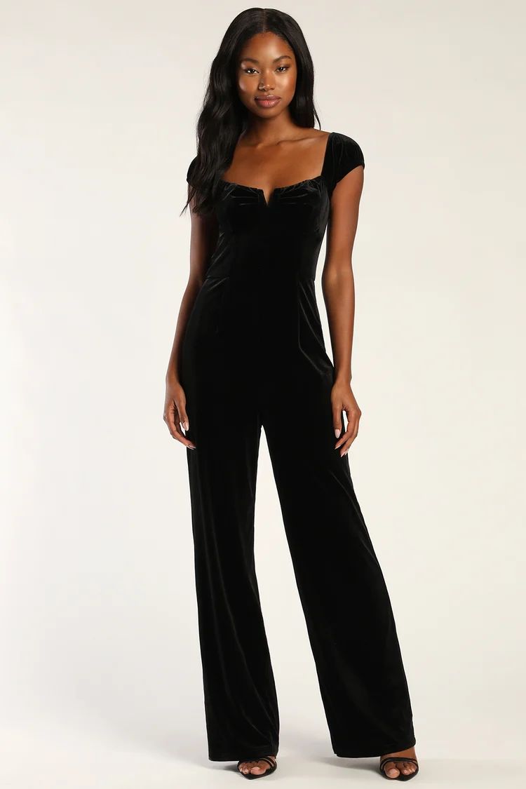 New Glam Black Velvet Bustier Off-the-Shoulder Jumpsuit | Lulus (US)