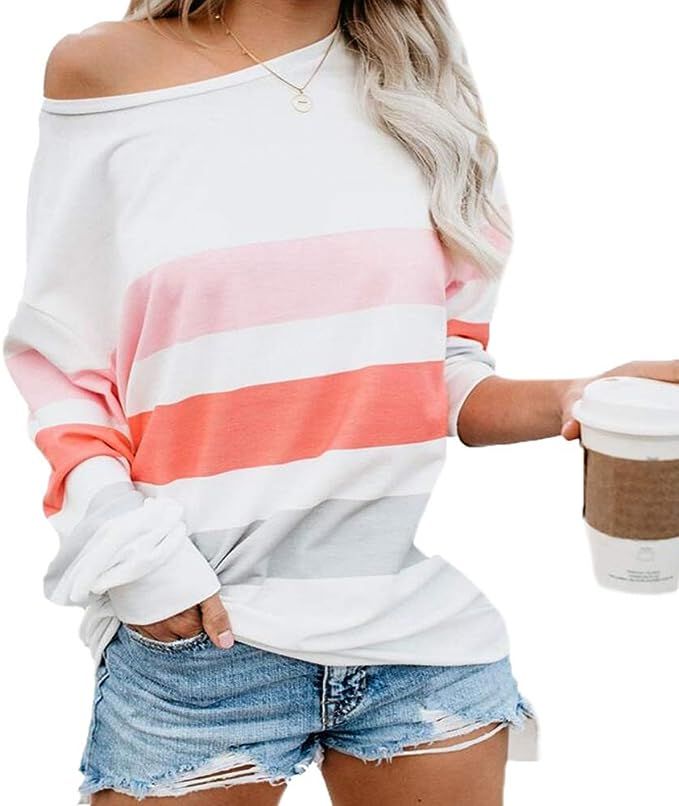PRETTYGARDEN Women’s Casual Striped Color-Block Long Sleeve Tops Sexy Off-Shoulder Tunics Blous... | Amazon (US)