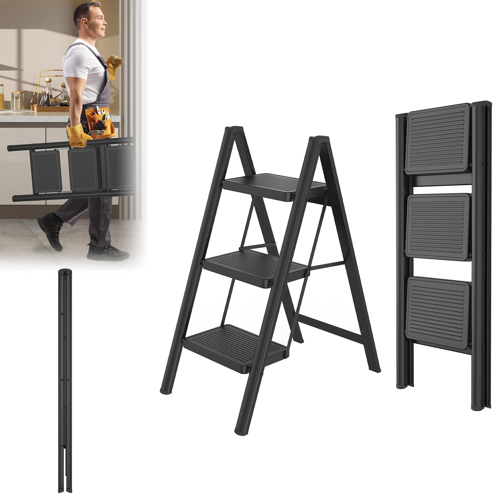 Lars360 Scaletta pieghevole a 3 gradini in acciaio, superficie in gomma antiscivolo, gradini più... | Amazon (IT)