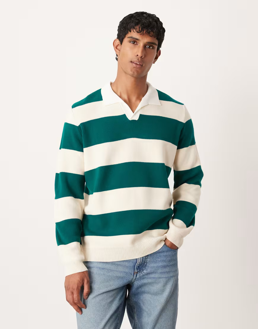 ASOS DESIGN knit long sleeve rugby polo in green stripes | ASOS (Global)