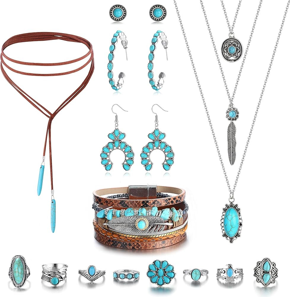 Helicopchain Western Jewelry For Women Bohemian Turquoise Jewelry Set Turquoise Pendant Choker Ne... | Amazon (US)
