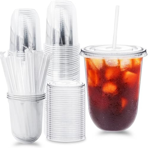 Alaeseje 50 Pack Clear Plastic Cups with Lids and Straws,16 oz Disposable Iced Coffee Cups,PET Crystal Cups,Round Bottom To Go Cup for Iced Coffee Juice Smoothie Cold Beverage | Amazon (US)