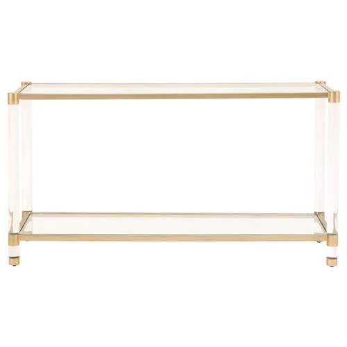 Rowan Modern Classic Glass Top Clear Acrylic Gold Metal Frame Console Table | Kathy Kuo Home